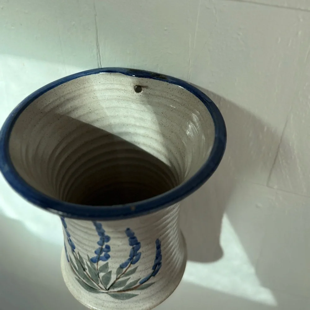 Handcrafted Vintage Ceramic Wall Vase with Blue Floral Design Studio pottery